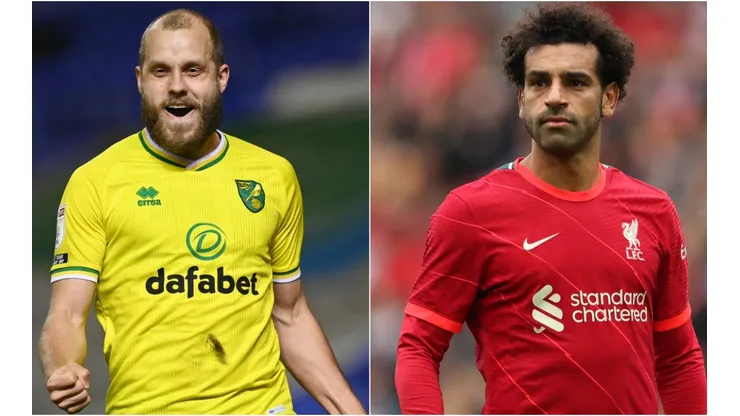 Teemu Pukki of Norwich (left) and Mohamed Salah of Liverpool (right). (Getty)
