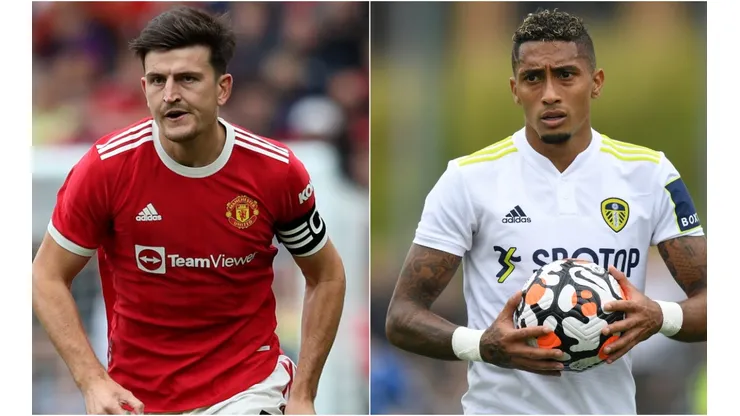 Harry Maguire of Manchester United (left) and Raphinha of Leeds (right). (Getty)