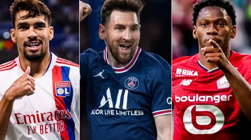Lucas Paqueta of Lyon (left), Lionel Messi of PSG (center), and Jonathan David of Lille (right)