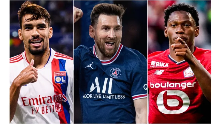Lucas Paqueta of Lyon (left), Lionel Messi of PSG (center), and Jonathan David of Lille (right)