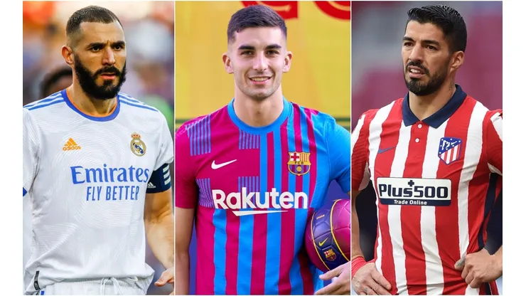 Karim Benzema of Real Madrid (left), Ferran Torres of Barcelona (center), and Luis Suarez of Atletico Madrid (right)