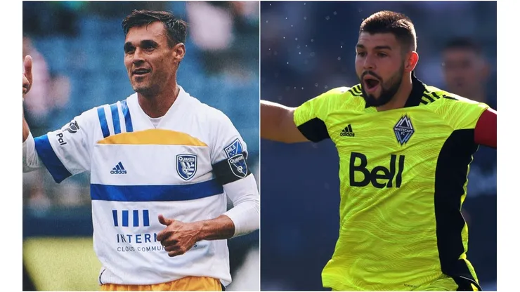 Chris Wondolowski of San Jose Earthquakes (left) and Maxime Crepeau of Vancouver Whitecaps (right). (Getty)