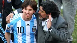 Lionel Messi (left) and Diego Maradona in the 2010 South Africa World Cup. (Getty)