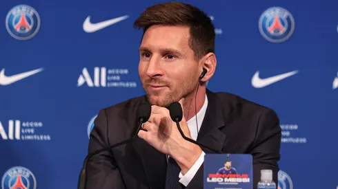 Lionel Messi in his presentation as PSG's new signing. (Getty)