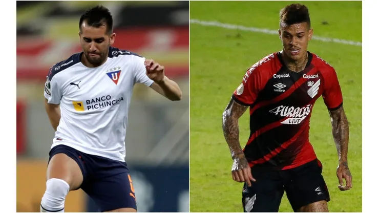 Lucas Villarruel of LDU Quito (left) and Richard of Athletico Paranaense (right). (Getty)