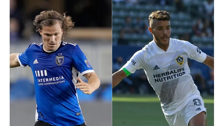 Florian Jungwirth of San Jose Earthquakes (left), and Jonathan Dos Santos of Los Angeles FC (right).
