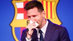 Lionel Messi gets emotional at the Camp Nou press conference. (Getty)
