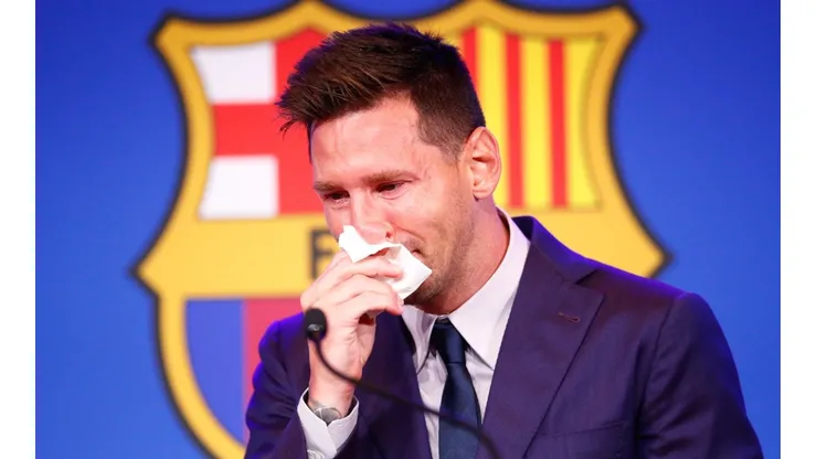 Lionel Messi gets emotional at the Camp Nou press conference. (Getty)
