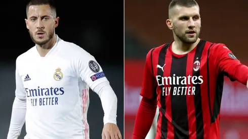 Eden Hazard of Real Madrid (left) and Ante Rebic of Milan (right). (Getty)