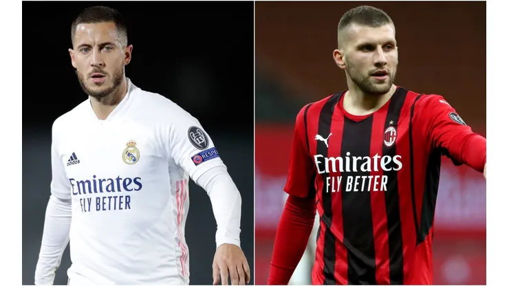 Eden Hazard of Real Madrid (left) and Ante Rebic of Milan (right). (Getty)