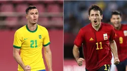 Gabriel Martinelli of Brazil (left) and Mikel Oyarzabal of Spain. (Getty)