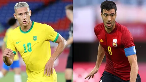 Richarlison of Brazil (left) and Mikel Merino of Spain. (Getty)
