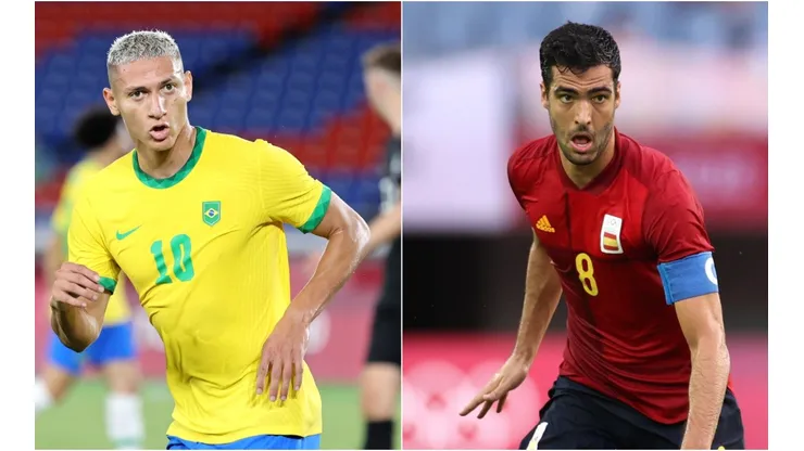 Richarlison of Brazil (left) and Mikel Merino of Spain. (Getty)