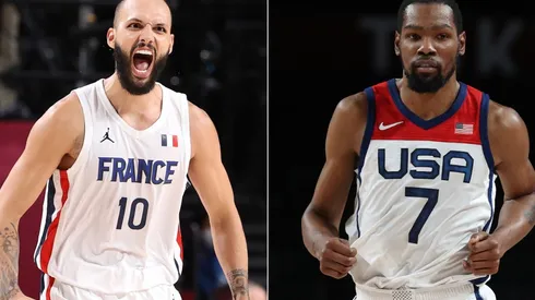 Evan Fournier of France (left) and Kevin Durant of the United States (right). (Getty)