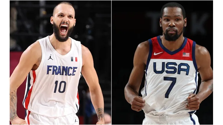 Evan Fournier of France (left) and Kevin Durant of the United States (right). (Getty)
