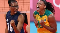 Foluke Akinradewo of the United States (left) and Fernanda Rodrigues of Brazil (right). (Getty)