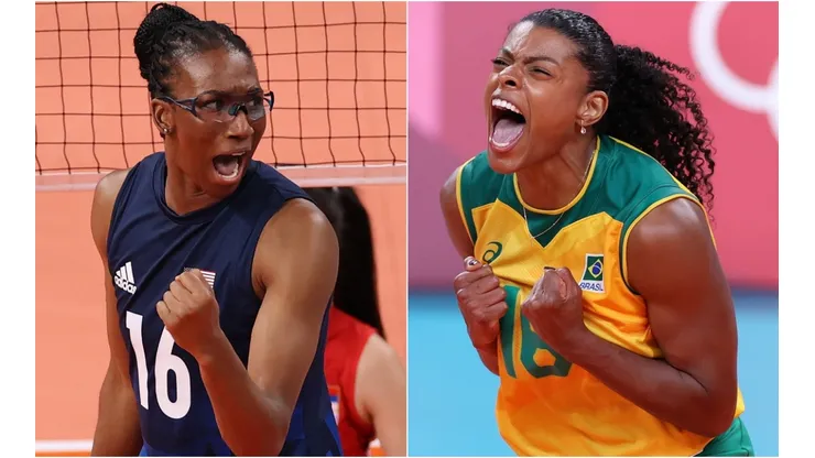 Foluke Akinradewo of the United States (left) and Fernanda Rodrigues of Brazil (right). (Getty)