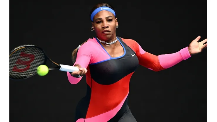 Serena Williams of the United States plays a forehand at the 2021 Australian Open. (Getty)