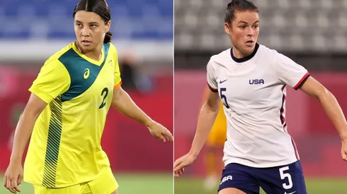 Sam Kerr of Australia (left) and Kelley O'Hara of the United States (Getty).