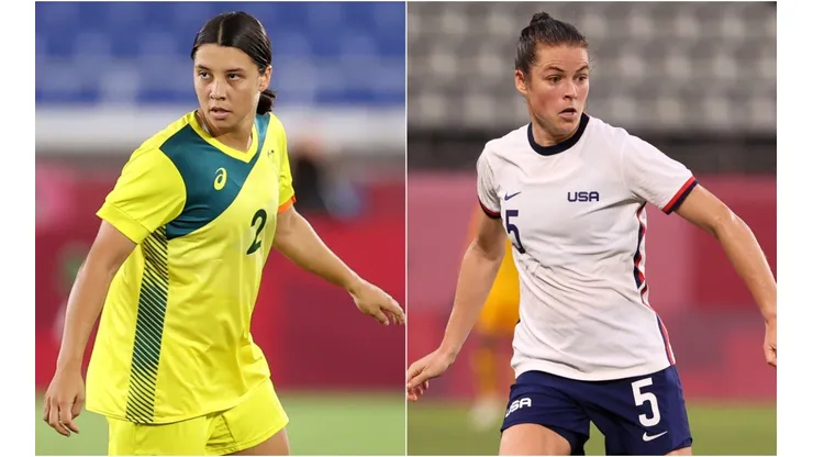 Sam Kerr of Australia (left) and Kelley O'Hara of the United States (Getty).