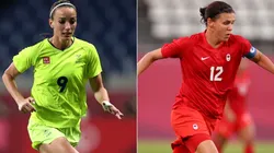 Kosovare Asllani of Sweden (left) and Christine Sinclair of Canada (Getty).