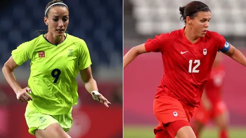 Kosovare Asllani of Sweden (left) and Christine Sinclair of Canada (Getty).