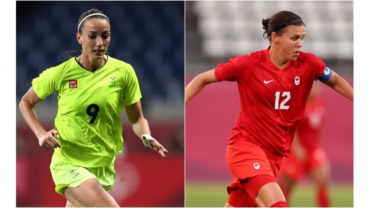 Kosovare Asllani of Sweden (left) and Christine Sinclair of Canada (Getty).