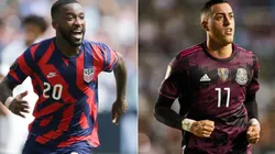 Shaq Moore of the USA (left) and Rogelio Funes Mori of Mexico. (Twitter @USMNT / @GoldCup)