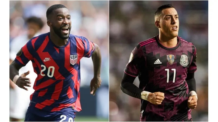 Shaq Moore of the USA (left) and Rogelio Funes Mori of Mexico. (Twitter @USMNT / @GoldCup)