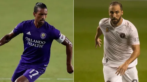 Nani of Orlando City (left) and Gonzalo Higuain of Inter Miami. (Getty)