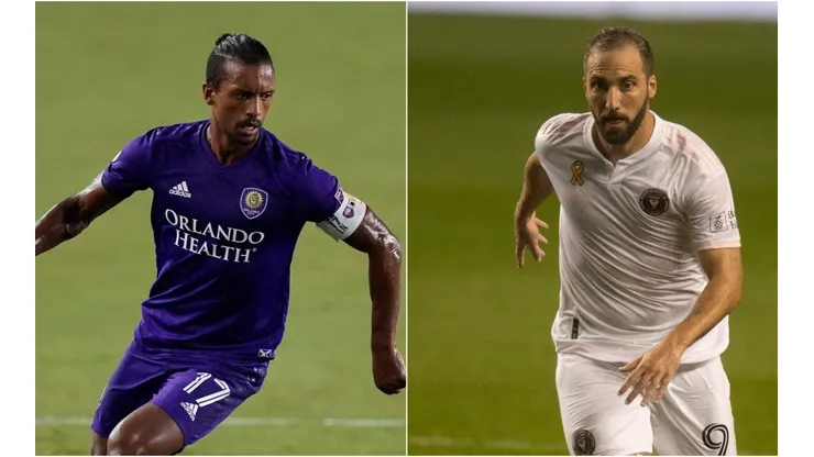 Nani of Orlando City (left) and Gonzalo Higuain of Inter Miami. (Getty)