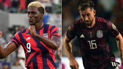 Gyasi Zardes of the USA (left) and Hector Herrera of Mexico have sent their respective teams to the 2021 Gold Cup Final. (Getty)