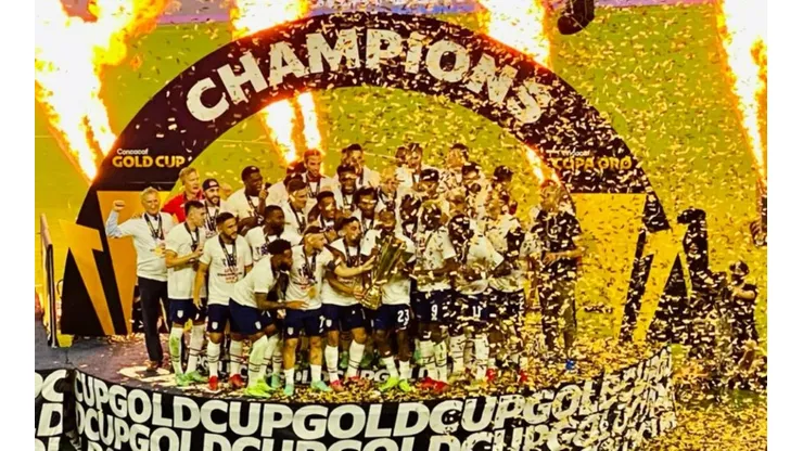 The USMNT players celebrate after winning the 2021 Concacaf Gold Cup.