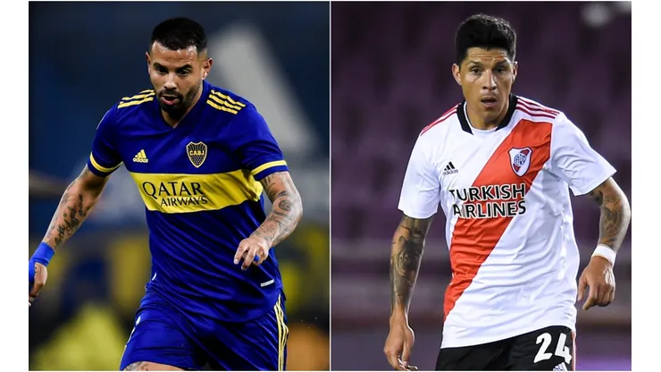 Edwin Cardona of Boca Juniors (left) and Enzo Perez of River Plate. (Getty)