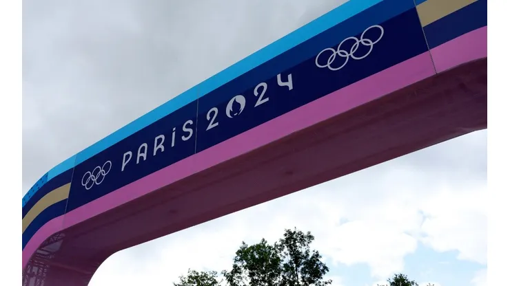 A general view of the Paris 2024 logo on the finish line of the Elancourt Hill mountain bike course ahead of the Paris Olympic Games on July 23, 2024 in Paris, France.