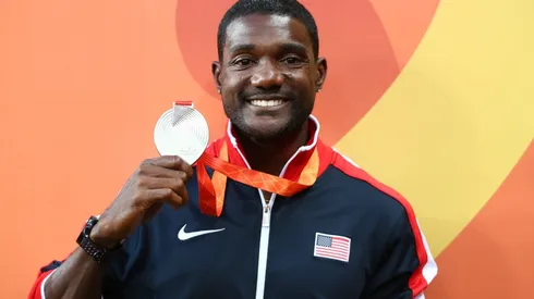 Justin Gatlin of the United States poses with a medal. (Getty)