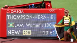 Elaine Thompson-Herah of Team Jamaica poses for a photo after winning the gold medal and setting a new Olympic record in the Women's 100m Final on day eight of the Tokyo 2020 Olympic Games at Olympic Stadium on July 31, 2021 in Tokyo, Japan.