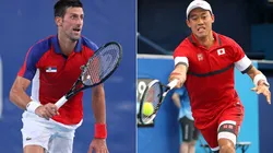 Novak Djokovic and Kei Nishikori face off for a place in the Tokyo 2020 Olympics men's tennis semifinals. (Getty)