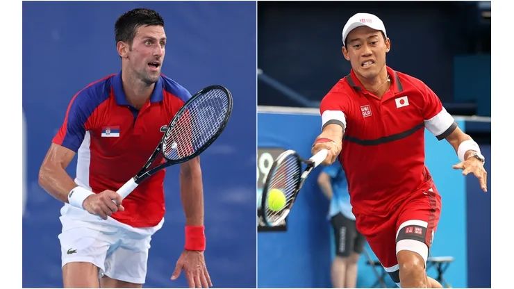 Novak Djokovic and Kei Nishikori face off for a place in the Tokyo 2020 Olympics men's tennis semifinals. (Getty)