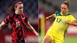 Rose Lavelle of the United States (left) and Kyah Simon of Australia (Getty).