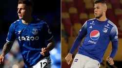Lucas Digne of Everton (left) and Juan Pablo Vargas of Millonarios (Getty/Twitter: @MillosFCOficial)