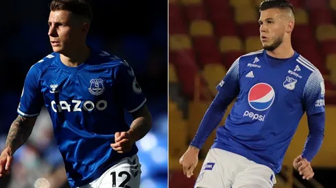 Lucas Digne of Everton (left) and Juan Pablo Vargas of Millonarios (Getty/Twitter: @MillosFCOficial)