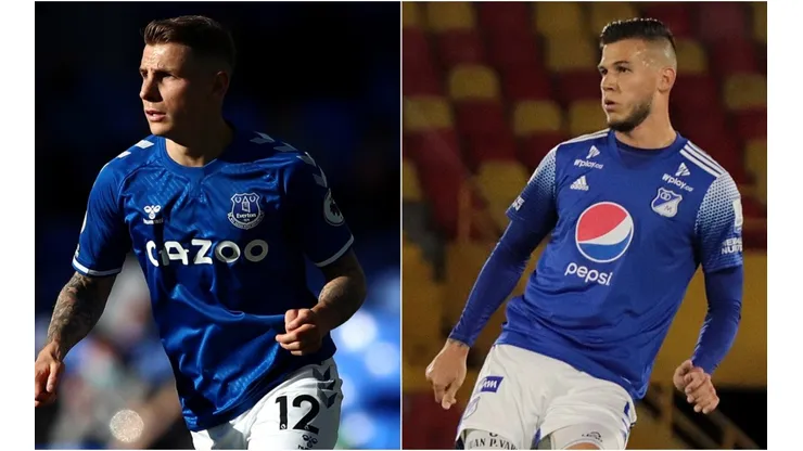 Lucas Digne of Everton (left) and Juan Pablo Vargas of Millonarios (Getty/Twitter: @MillosFCOficial)