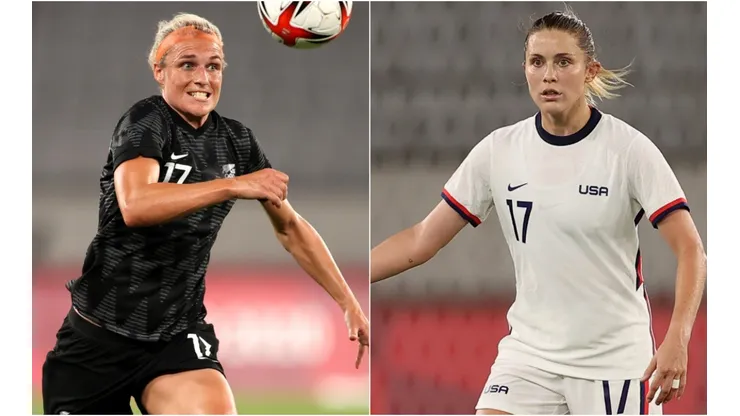 Hannah Wilkinson of New Zealand (left) and Abby Dahlkemper of the USWNT (right). (Getty)