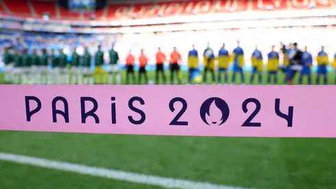 A detailed view the Paris 2024 logo can be seen prior to the Men's group B match between Iraq and Ukraine during the Olympic Games Paris 2024 at Stade de Lyon on July 24, 2024 in Lyon, France.