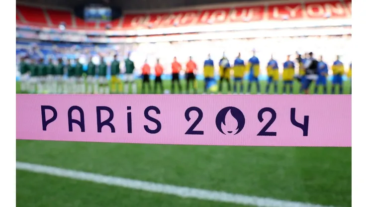 A detailed view the Paris 2024 logo can be seen prior to the Men's group B match between Iraq and Ukraine during the Olympic Games Paris 2024 at Stade de Lyon on July 24, 2024 in Lyon, France.