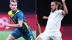Nathaniel Atkinson of Australia (left) and Oscar Mingueza of Spain (right). (Getty)