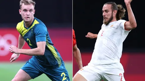 Nathaniel Atkinson of Australia (left) and Oscar Mingueza of Spain (right). (Getty)