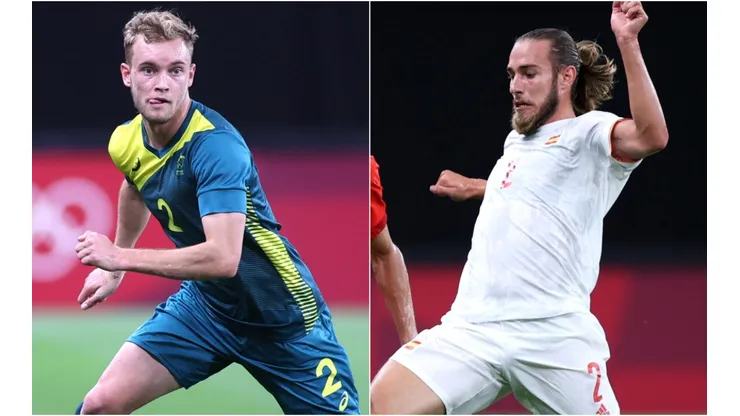 Nathaniel Atkinson of Australia (left) and Oscar Mingueza of Spain (right). (Getty)