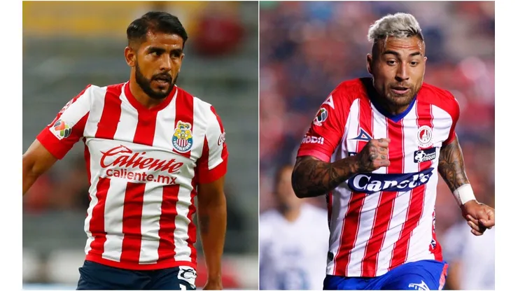 Miguel Angel Ponce of Chivas (left) and Damian Batallini of Atletico San Luis. (Getty)